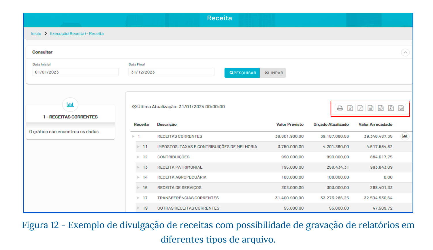 Exemplo de gravação de relatórios de receitas