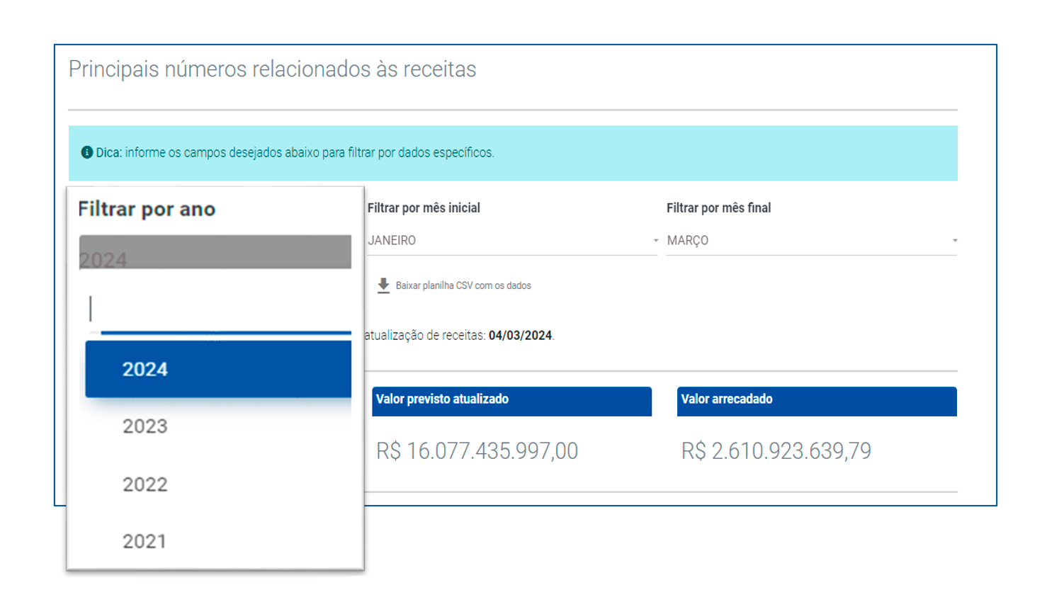 Exemplo de filtros de pesquisa para receitas