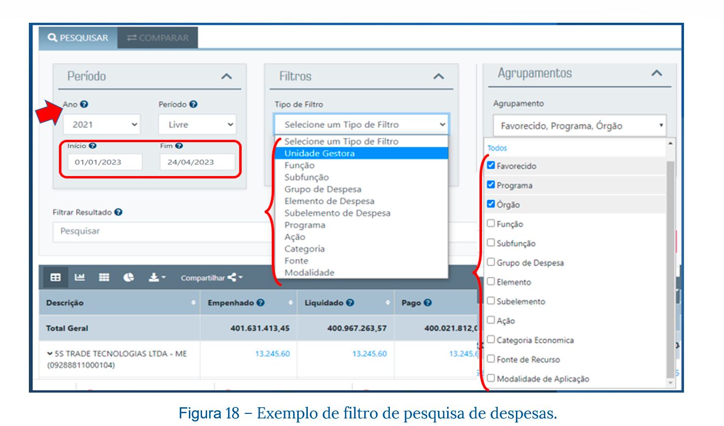 Exemplo adicional de filtros para pesquisa de despesas