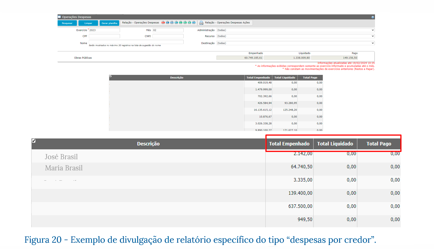 Exemplo de consulta de empenhos com detalhes do beneficiário e procedimento licitatório