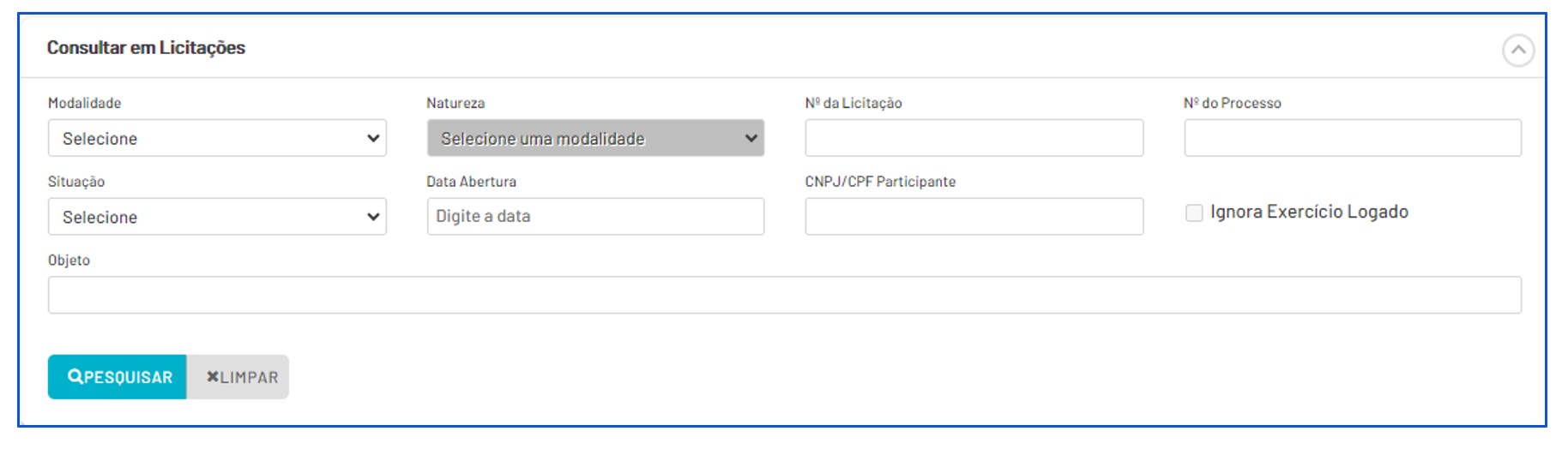 Exemplo de divulgação de filtro de pesquisa em licitações