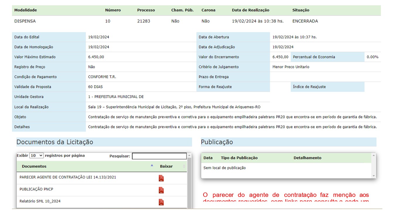 Exemplo de divulgação dos documentos do processo de dispensa de licitação